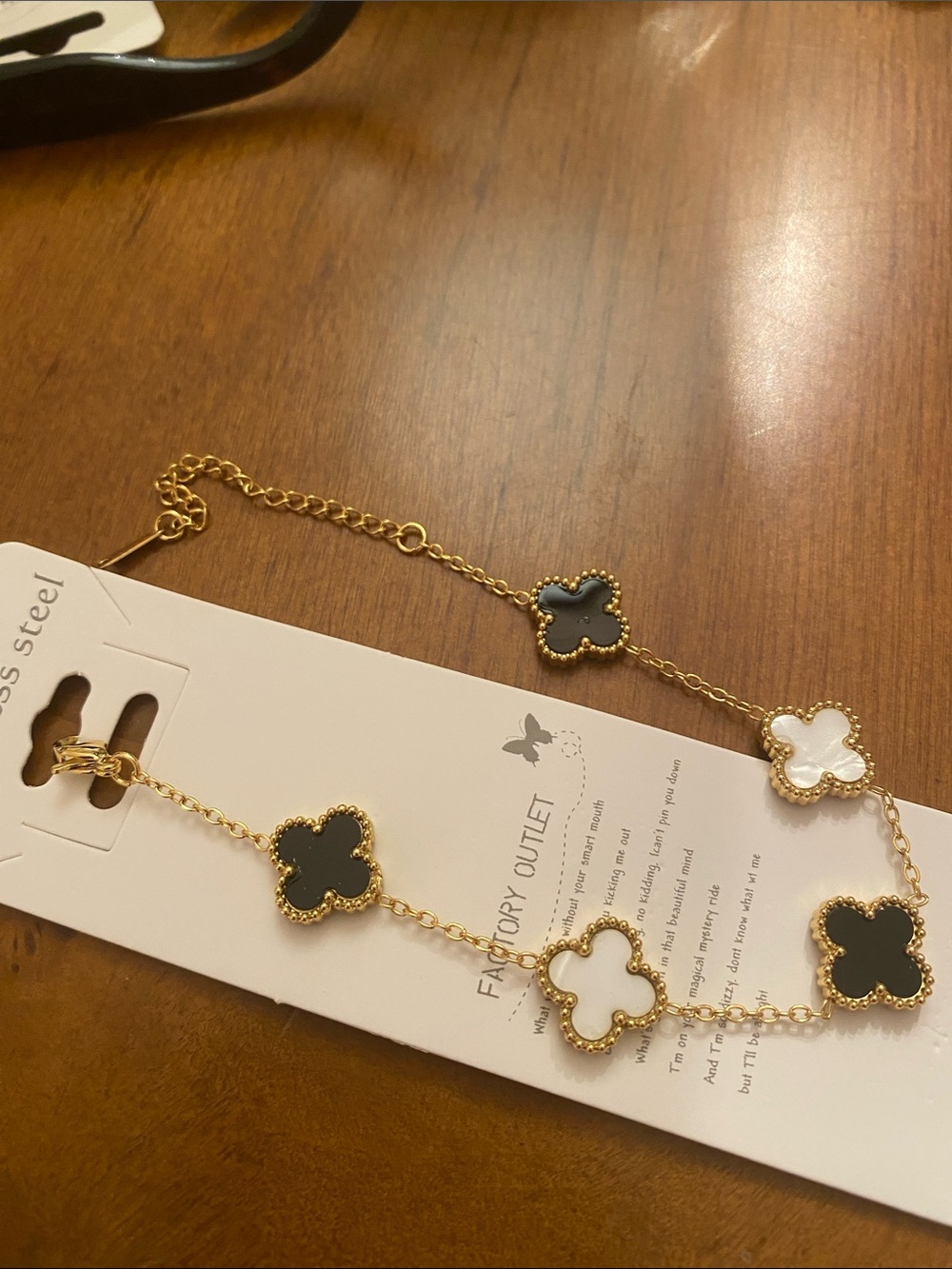 Fashion Jewelry Gold-Tone Clover Necklace with Black and White Inlay